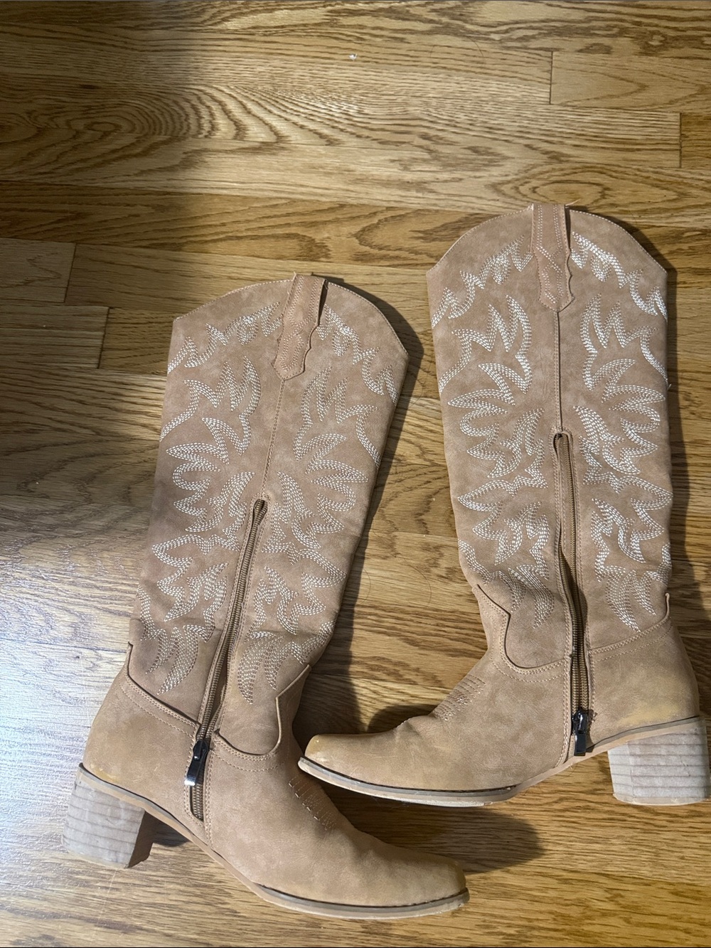 Tan Suede Western Embroidered Knee-High Boot - Women